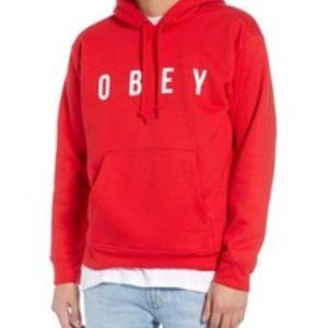 Anyway Hooded Sweatshirt Red Print Hoodie by Obey Sz L Unisex Like New
